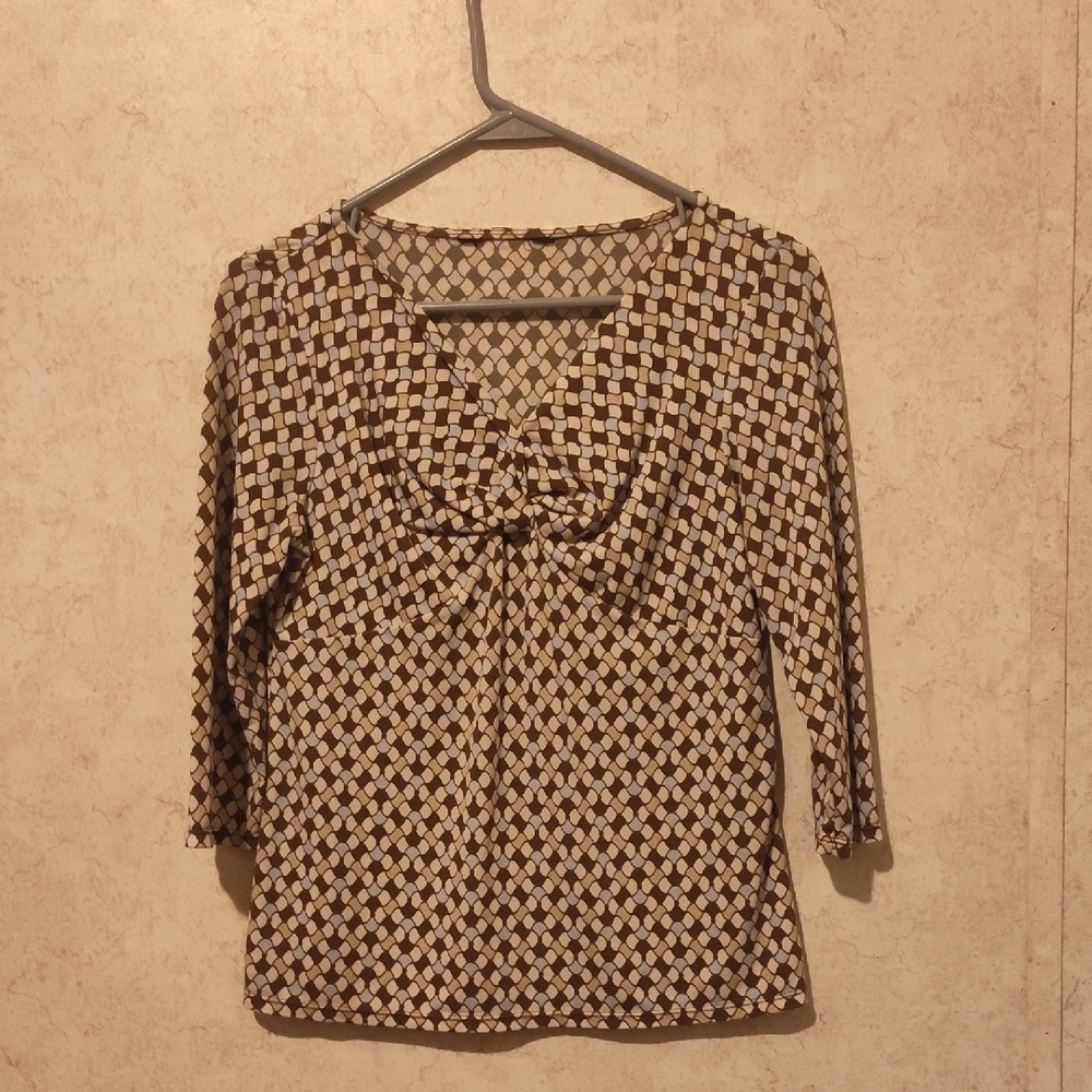 Kim Rogers Brown and White Tie Front Blouse 3/4 Sleeve